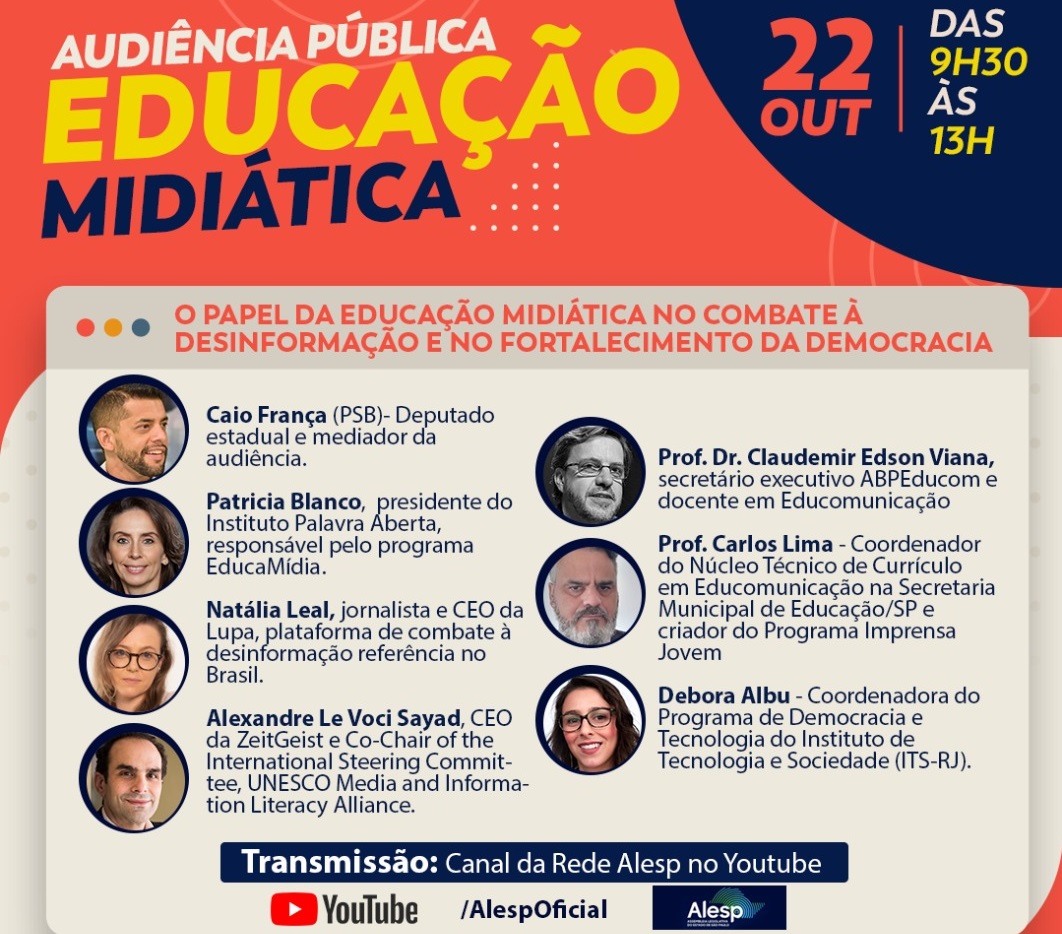 Audiência pública sobre educação midiática será mediada pelo deputado estadual Caio França