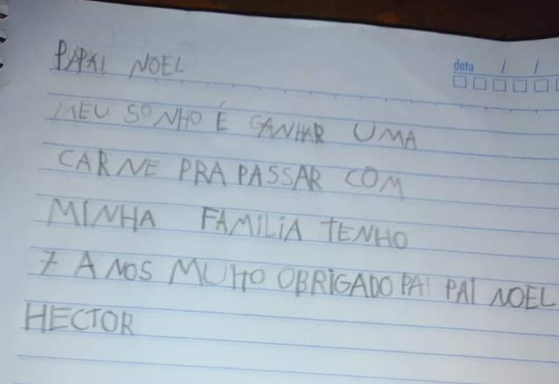 Menino de 7 anos pede carne em carta ao Papai Noel e viraliza na Internet