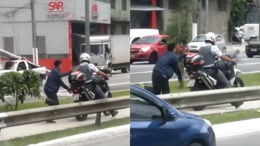 Vídeo flagrou um homem correndo atrás de uma moto da Polícia Militar de São Paulo algemado ao veículo