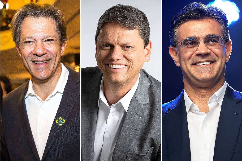 Da esq. para a dir., candidatos ao Governo de São Paulo, Fernando Haddad (PT), Tarcisio de Freitas (Republicanos) e Rodrigo Garcia (PSDB)