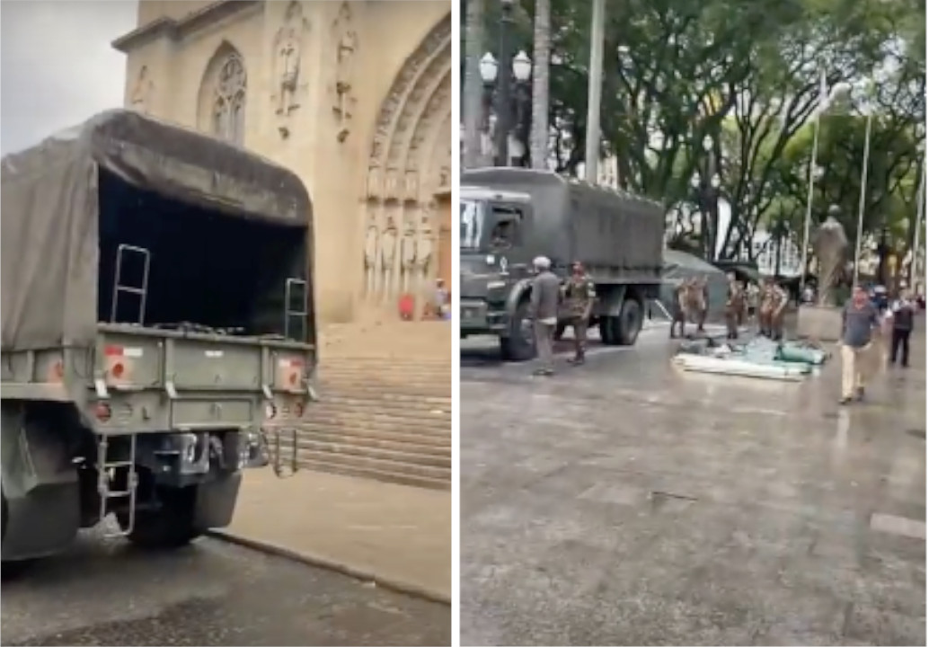 No vídeo, narrado por um apoiador do presidente, militares aparecem com caminhões estacionados na Praça