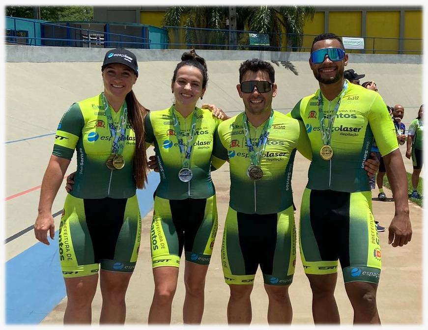 A Santos Cycling Team/FUPES conta com o apoio da espaçolaser, Ert uniformes, Clinica Move, Duos contabilidade e Dvorak Bikes