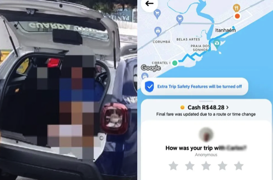 Montagem mostra carro da Guarda Municipal levando suspeito para delegacia e print da corrida no aplicativo