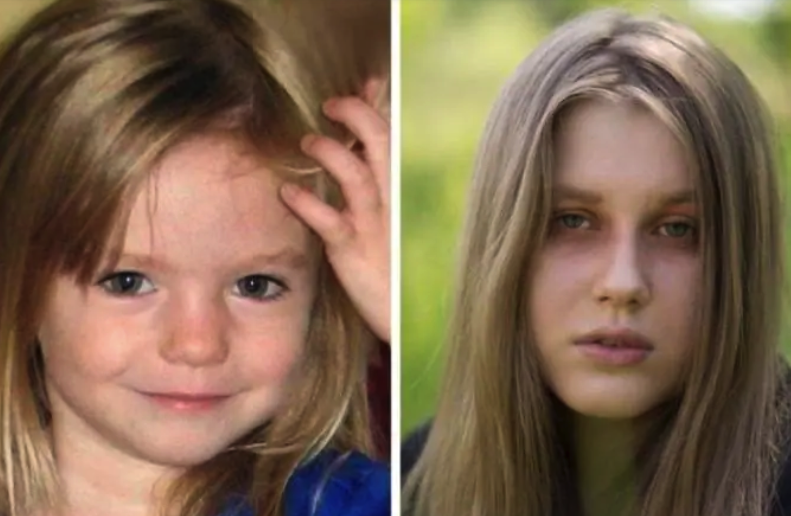 Do lado esquerdo, a pequena Madeleine e, do lado direito, a jovem que afirma acredtiar se a menina desaparecida