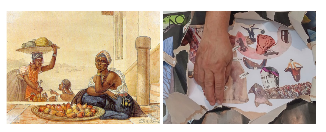 Da esquerda para a direita: Pintura de Jean-Baptiste Debret; Colagem Artística na Casa das Rosas