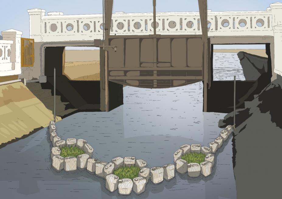 A confecção do equipamento prevê o reaproveitamento de redes de pesca e de bombonas de material de limpeza