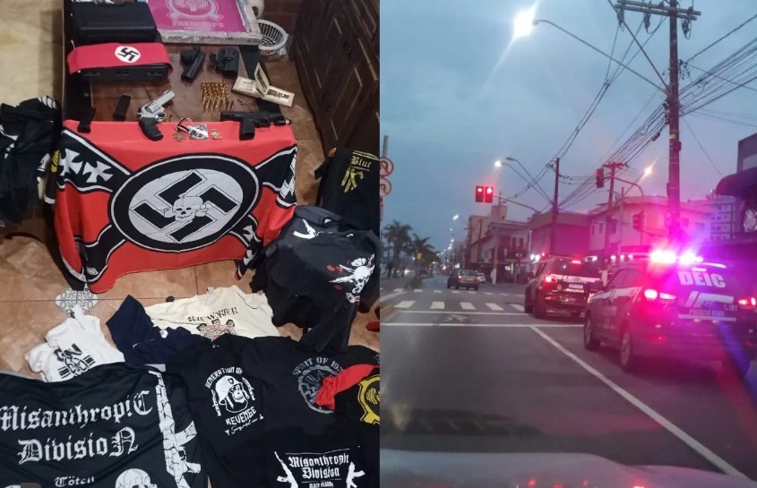 Diversos materiais de cunho extremista e neonazistas foram apreendidos, junto com dispositivos eletrônuicos, armamento e munição