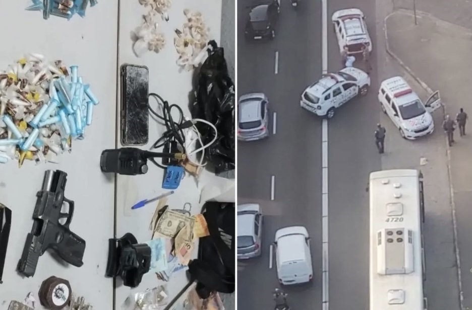 Drogas, vestimentas e uma pistola estavam entre os pertences do suspeito