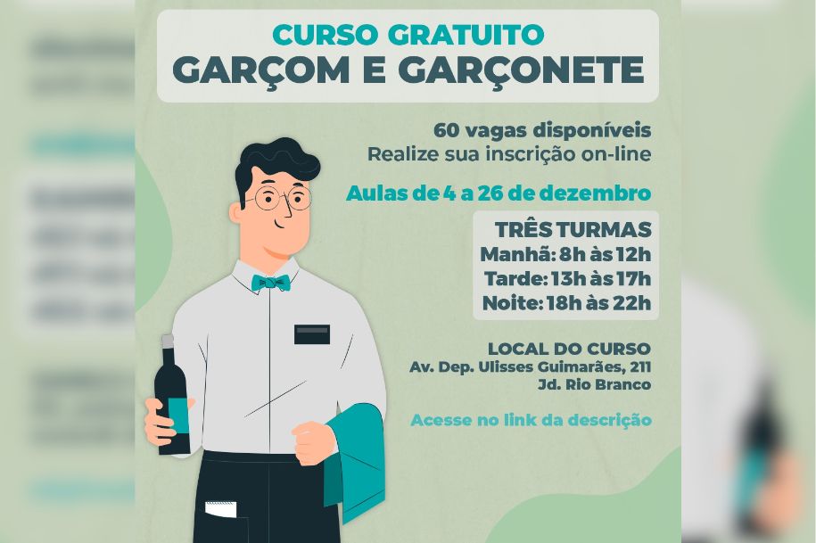 Aulas têm início no dia 4/12 e término em 26/12, divididas em três turmas com 20 vagas cada