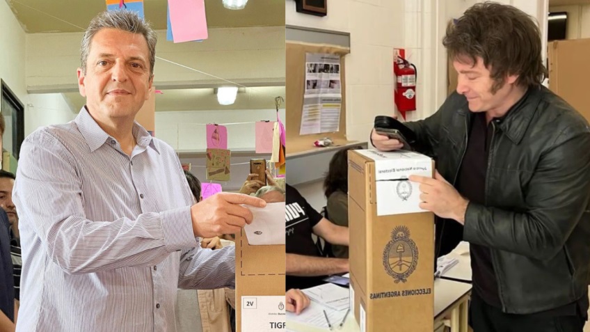 Sergio Massa (à esq.) e Javier Milei (à dir.) votam