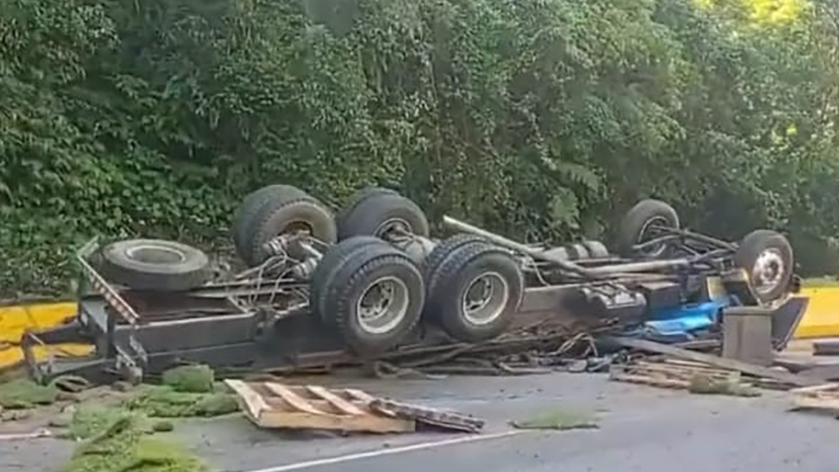 O caminhão descia aa rodovia de mão dupla quando o motorista teria perdido o controle e colidiu com um barranco
