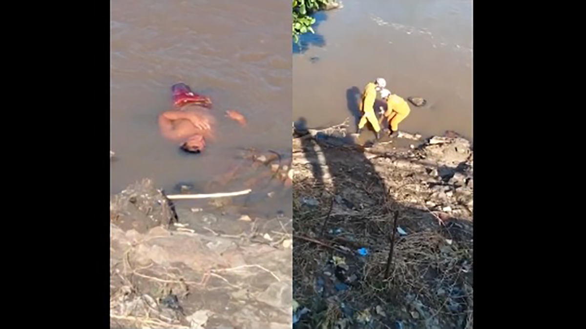 O vídeo mostra o homem sem camisa boiando no rio, levantando a especulação de um possível afogamento
