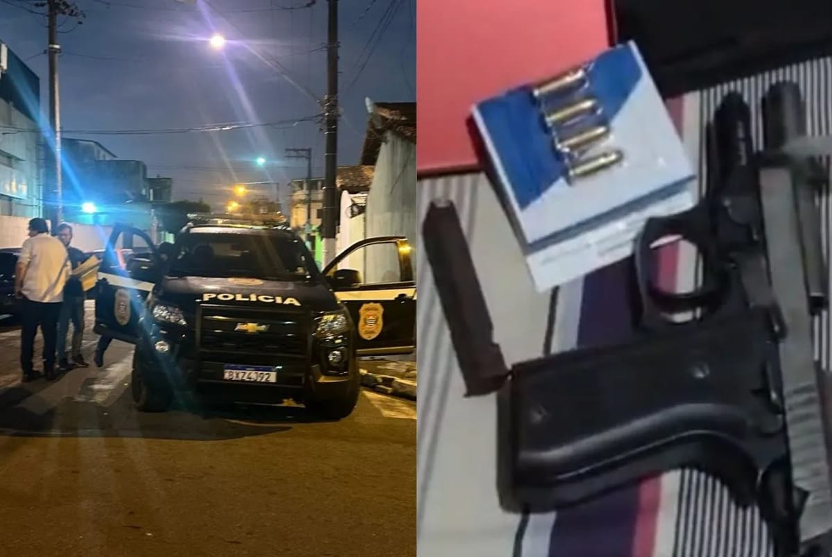 Um homem de 52 anos autuado em flagrante em um imóvel no Bairro Vila Áurea, em Guarujá por posse uma pistola semiautomática oriunda de um roubo em 2017