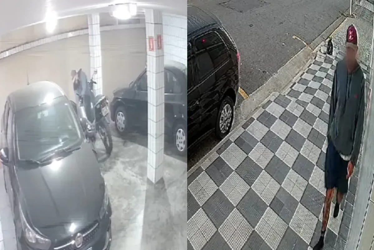 Nas imagens é possível ver o suspeito tentando destravar uma moto, mas não conseguindo.