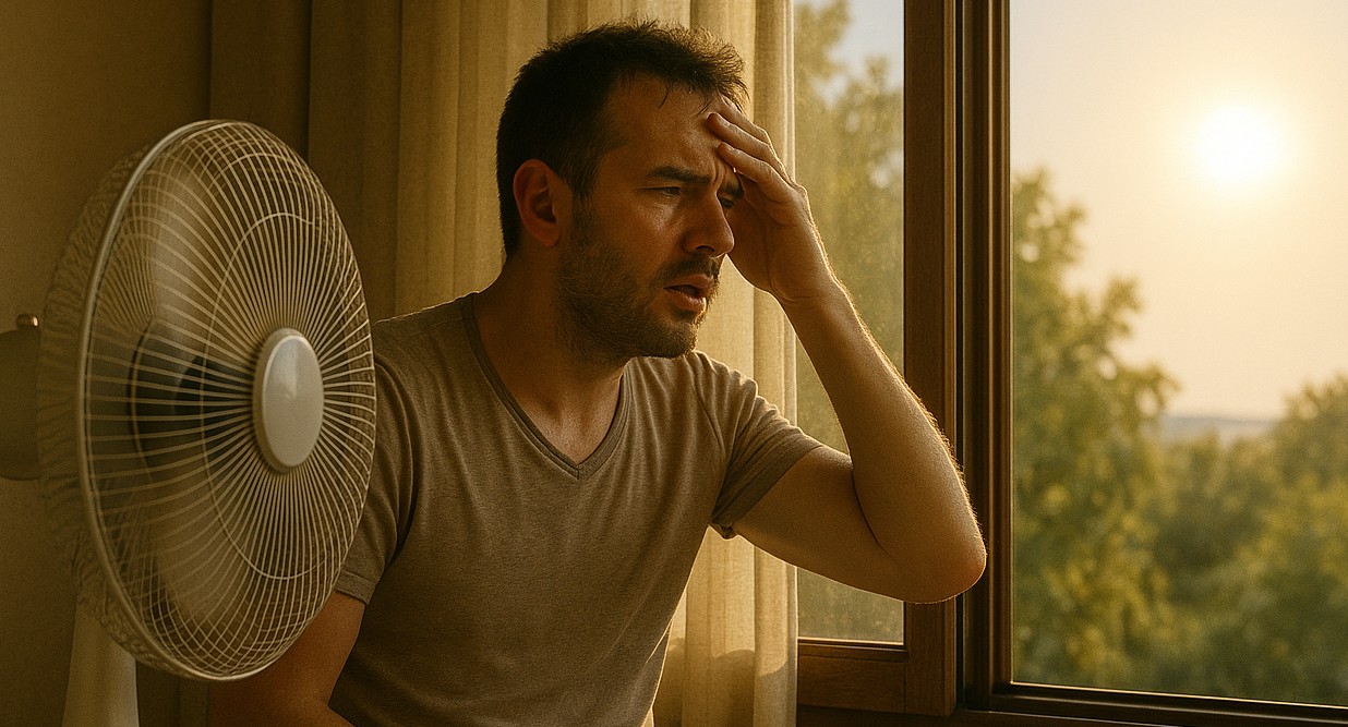 Homem transpira mesmo com o ventilador ligado em bolha de calor de outubro
