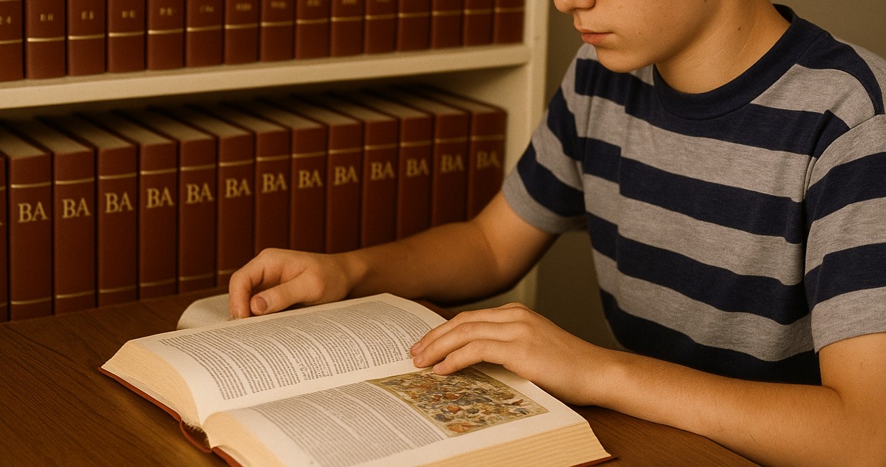 Jovem dos anos 90 faz pesquisa na Barsa, o Google daquela época