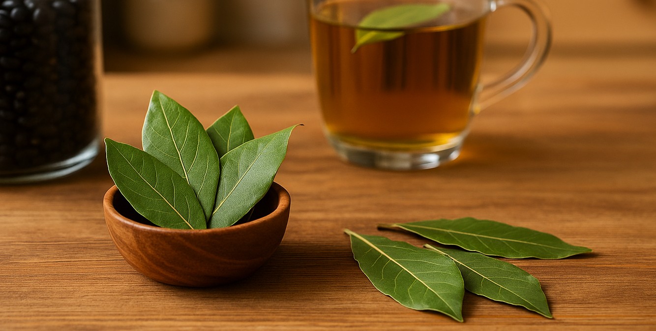 Folhas de louro e um chá da planta em cima de uma mesa, ao lado de um pote com feijões