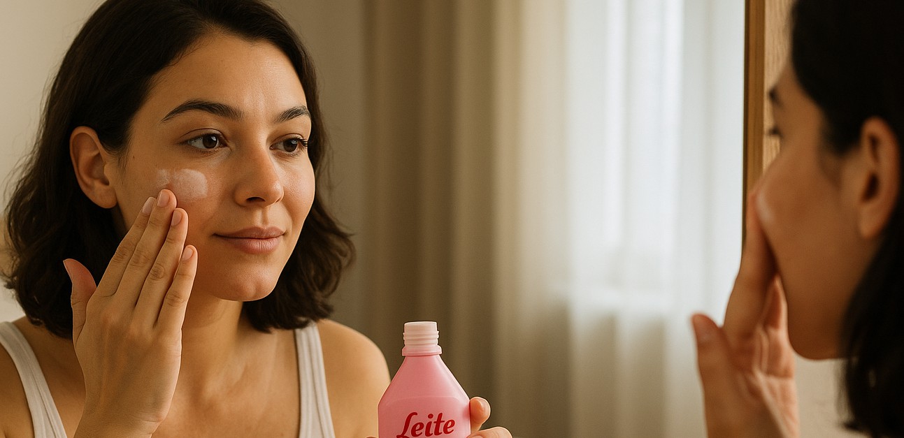 O Leite de Rosas sendo passado no rosto para limpeza de pele