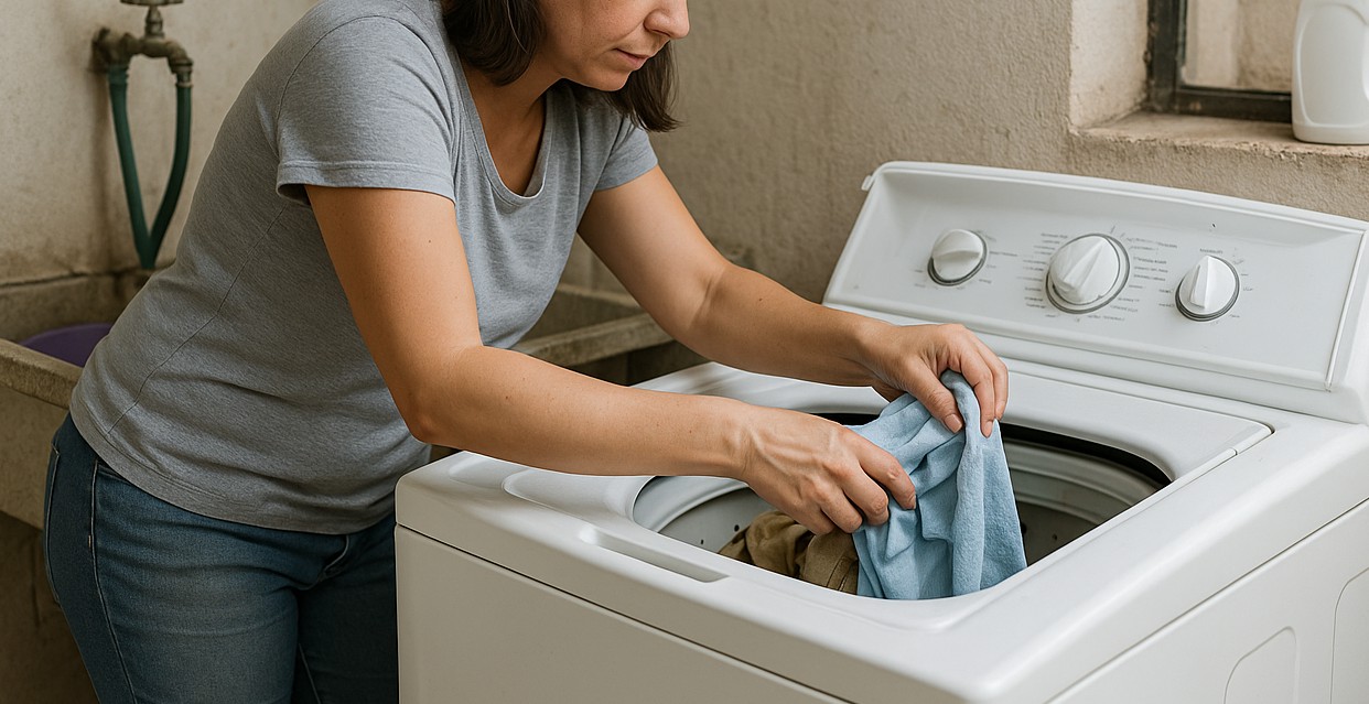 Mulher coloca roupa na máquina de lavar
