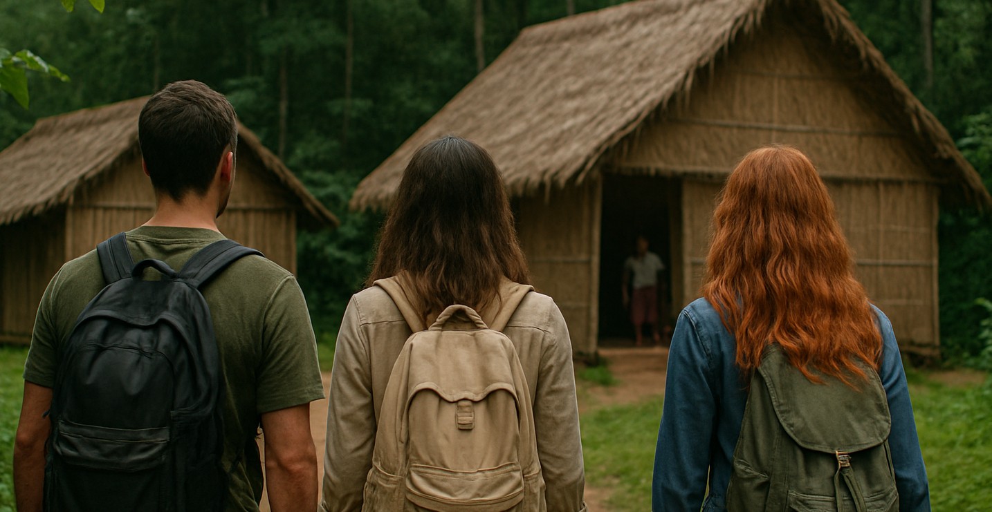 Turistas chegando em uma comunidade indígena na floresta