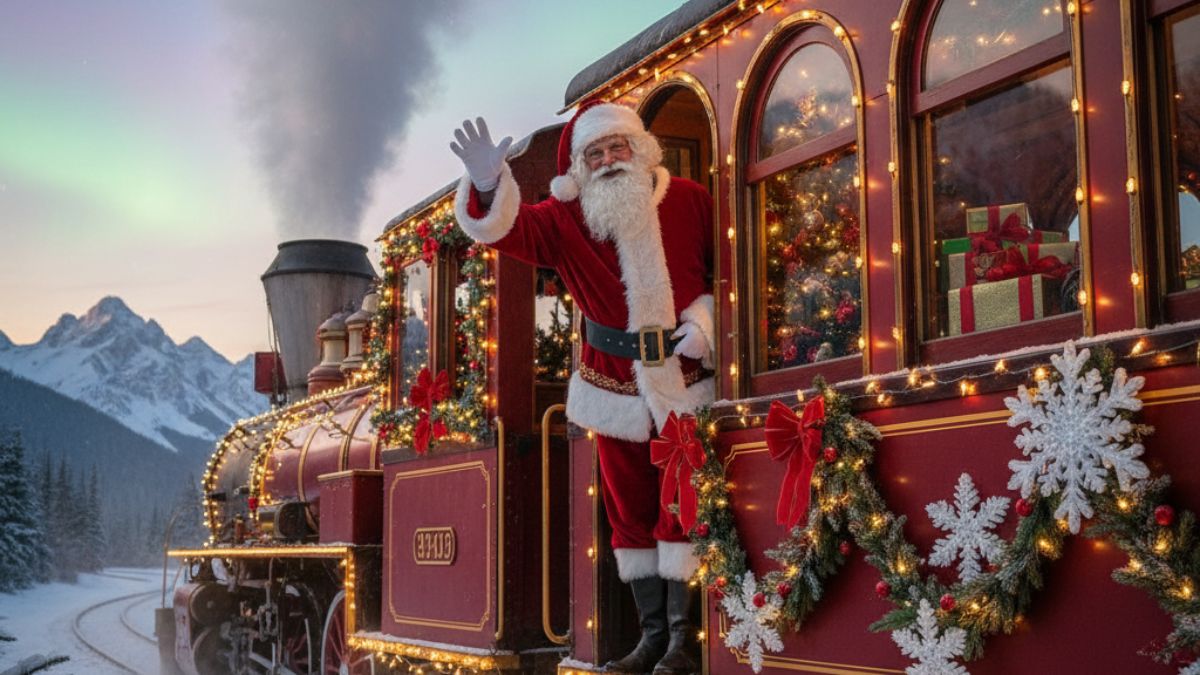 A locomotiva a vapor do trem caiçara cruza os trilhos entre Morretes e Antonina, pronta para embarcar passageiros em uma viagem natalina repleta de encanto e tradição