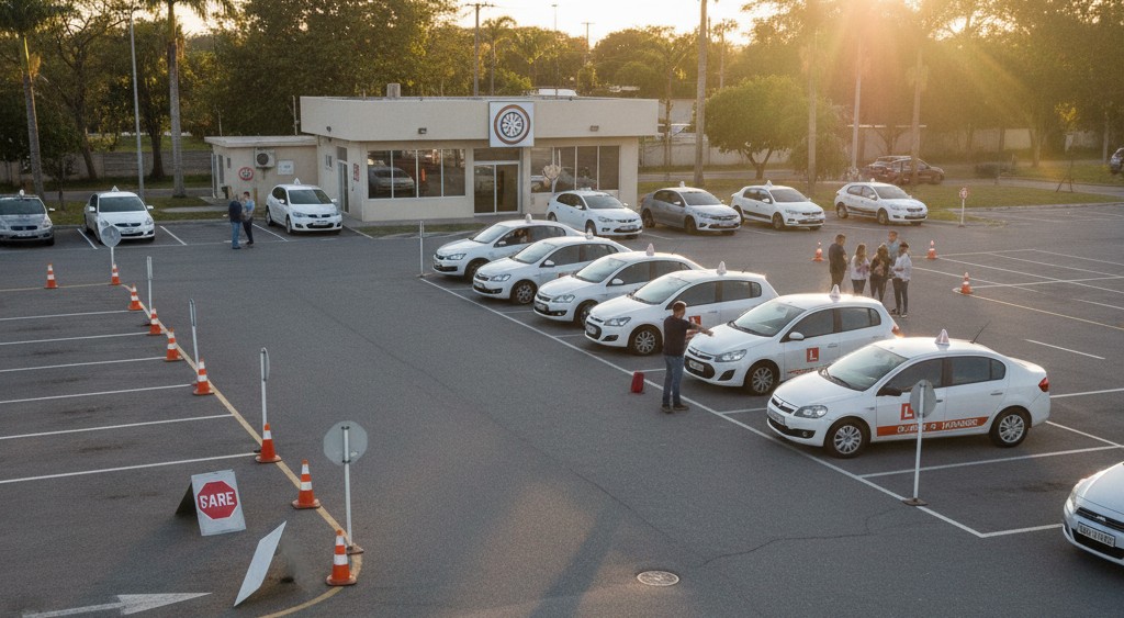 Pátio de autoescola com vários carros estacionados