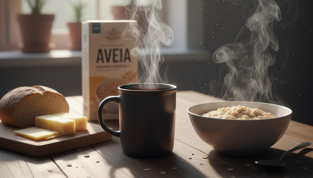 Mesa de café da manhã completa, incluindo a aveia, que não deve ser consumida com café