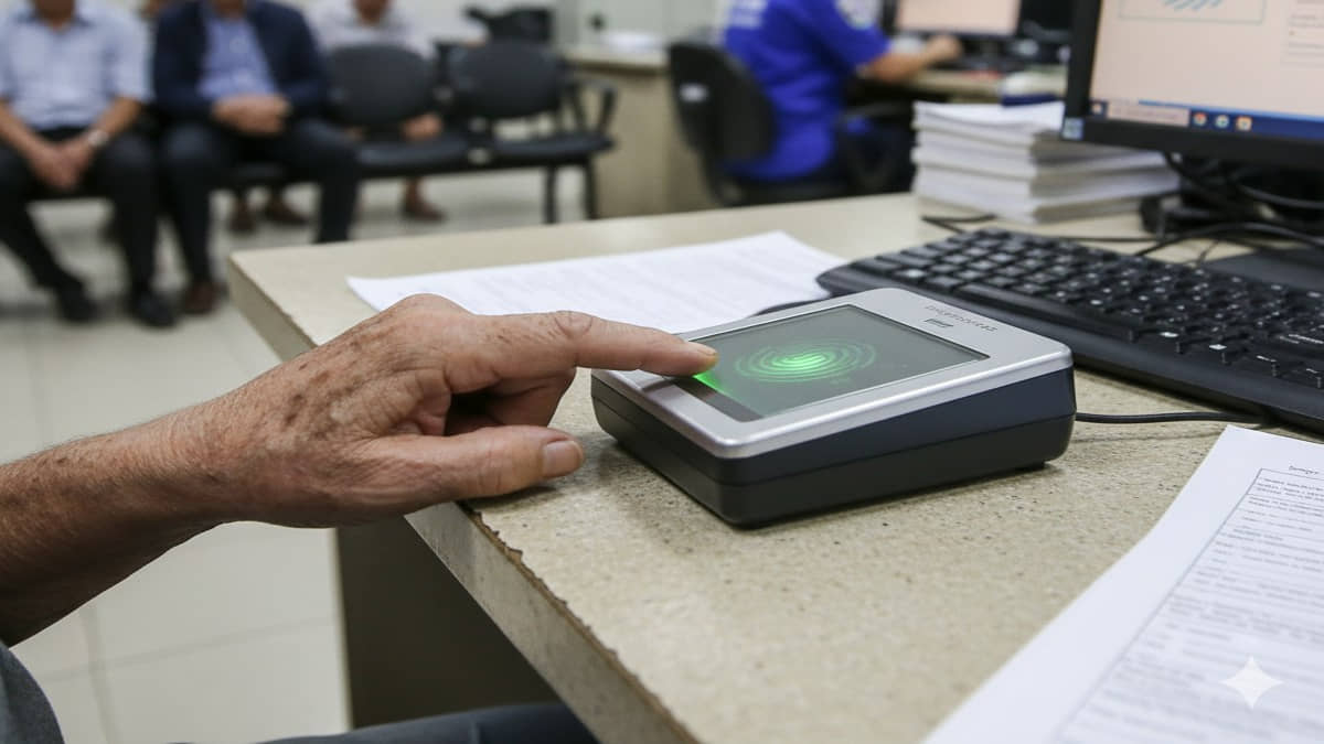 Idosa cadastrando sua biometria em uma agência física do INSS