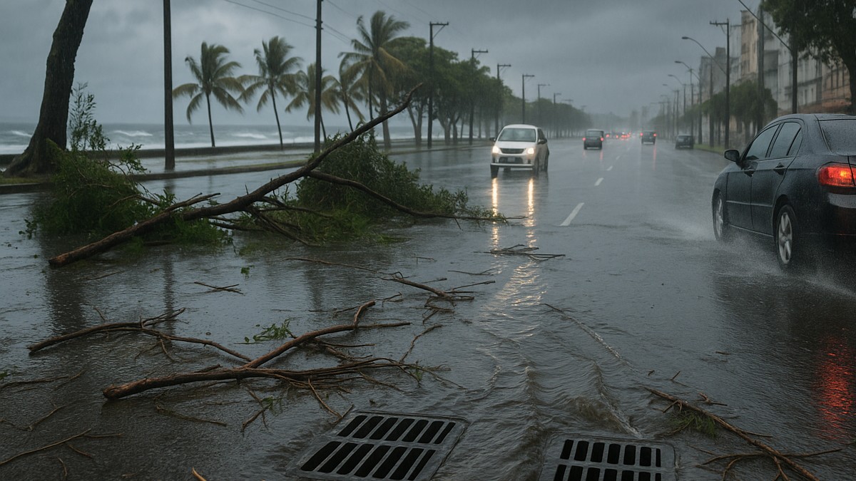 Chuva forte com ventos derruba galhos de árvores no litoral