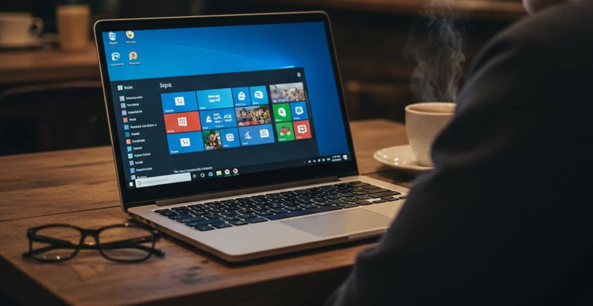 Homem utiliza seu notebook com Windows 10 em um café