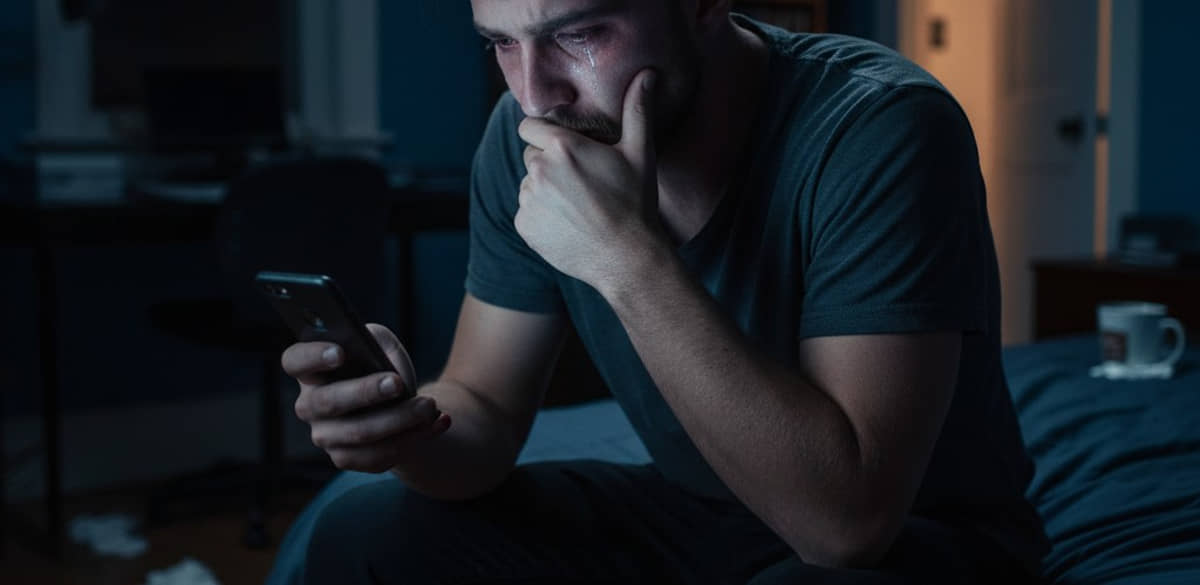 Homem chora enquanto aguarda uma resposta no celular que jamais virá