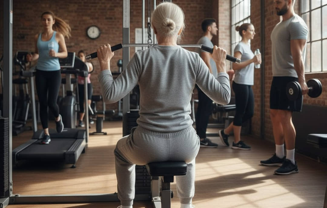Idosa praticando exercícios físicos em uma academia de bairro / Foto ilustrativa