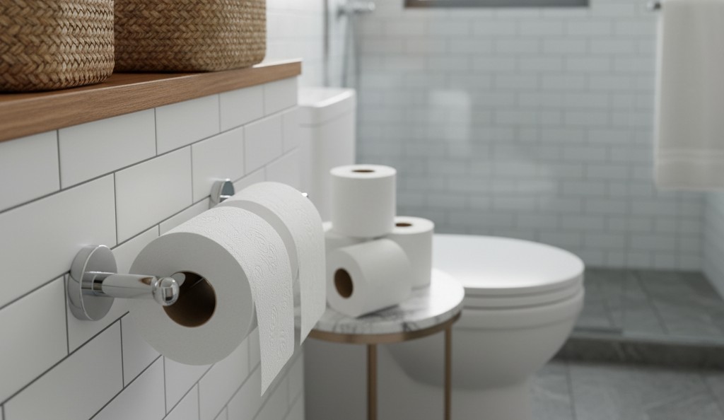 Banheiro com vários rolos de papel higiênico