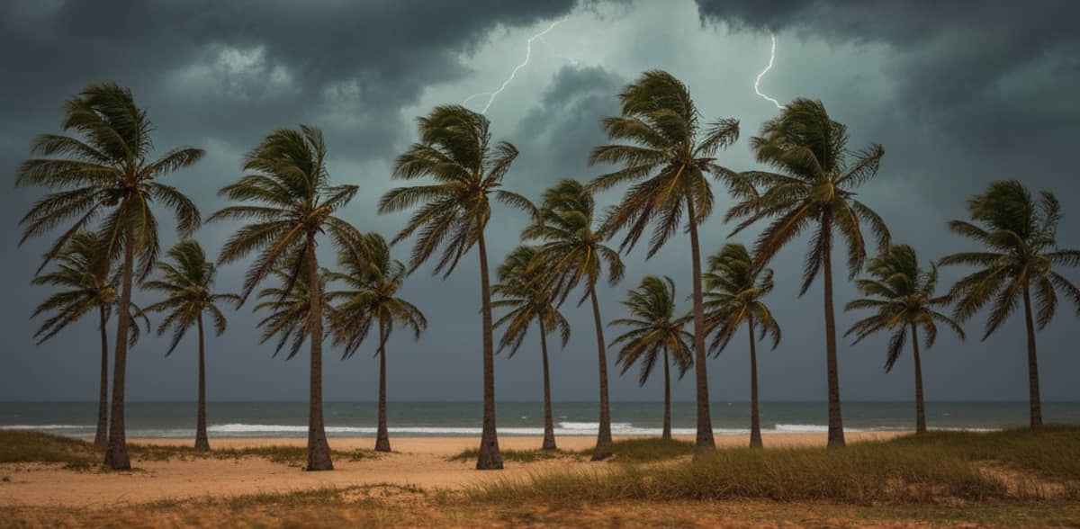 Palmeiras balançam com frente fria chegando ao fundo