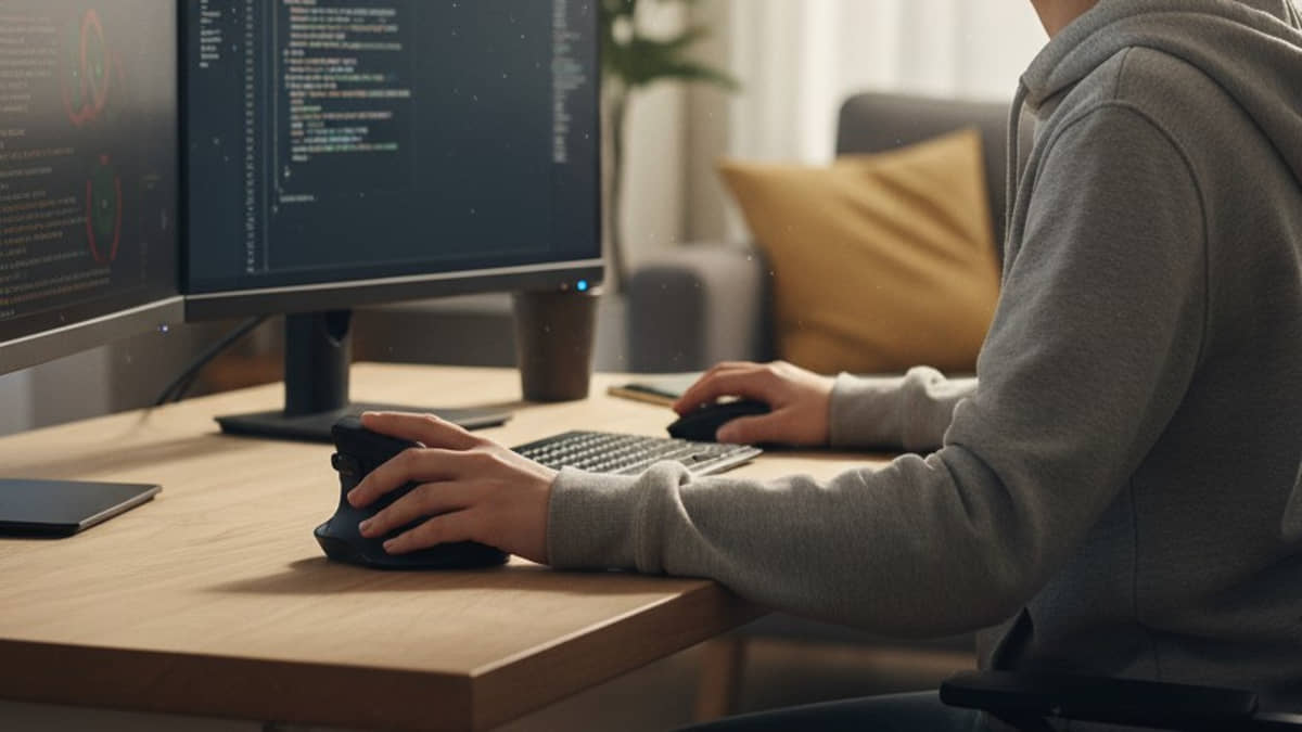 Mulher trabalha utilizando um mouse vertical