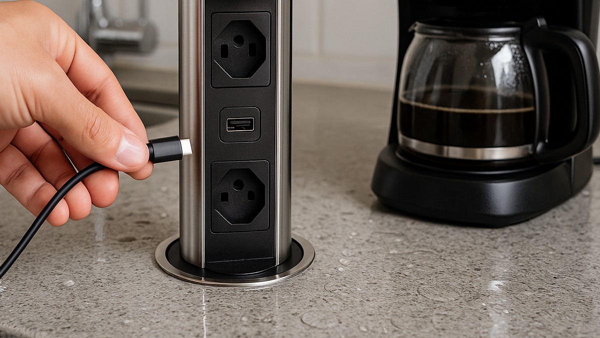 A 'torre' de energia fica escondida na pia ou bancada e só aparece quando você quer