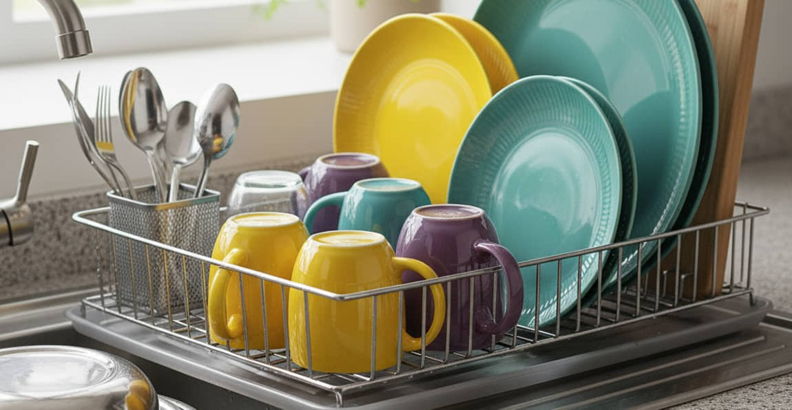 Escorredor de pratos ocupando bastante espaço na pia