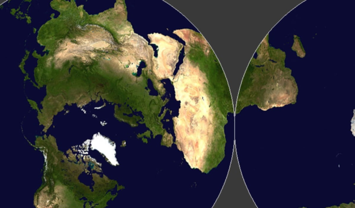 A nova projeção, desenvolvida pelos cientistas Richard Gott e David Goldberg, tem a aparência de um disco de vinil, em que cada lado representa um hemisfério