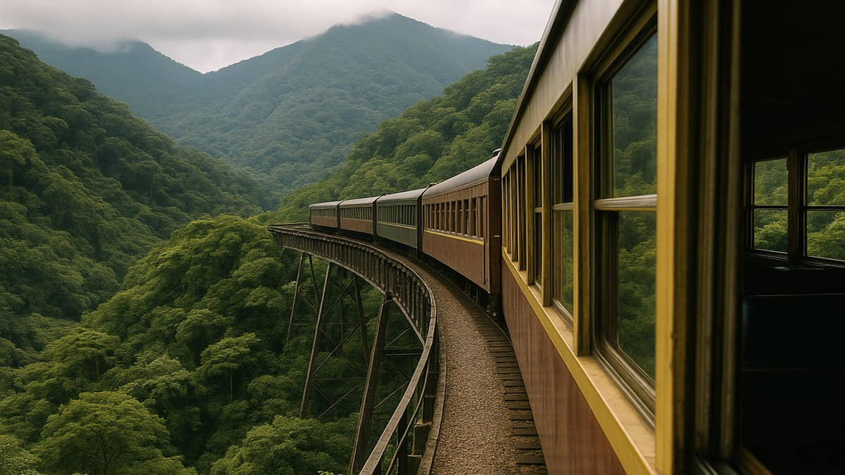 Em algumas curvas o trem parece estar flutuando entre as montanhas