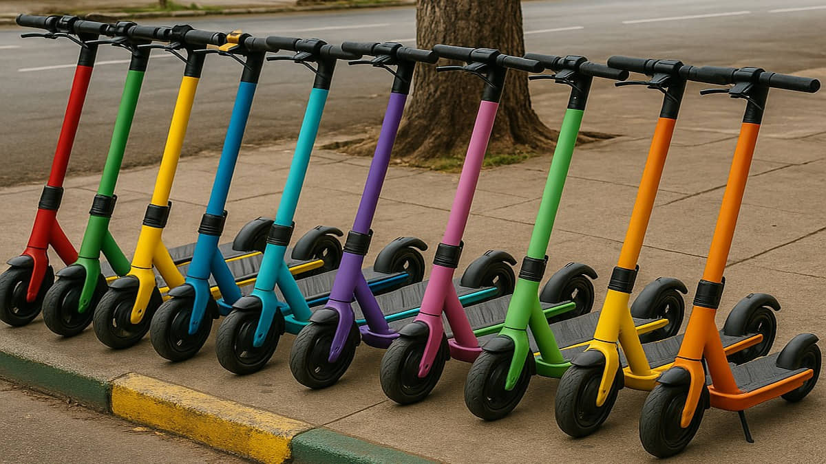 Vários patinetes elétricos parados em uma rua no Brasil
