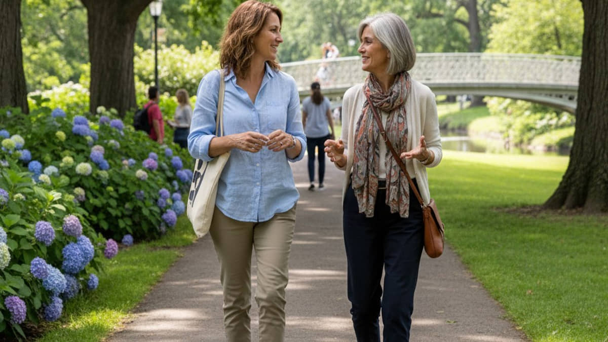Duas gerações diferentes conversam enquanto caminham no parque