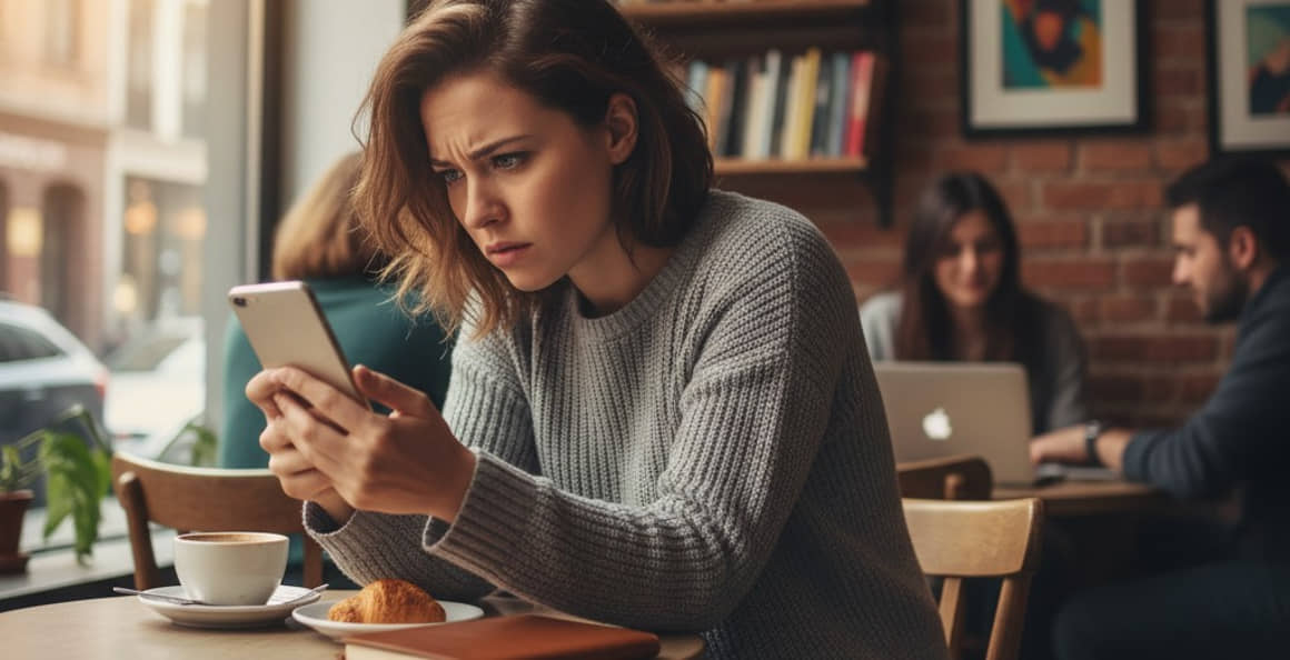 Mulher olha com preocupação para a tela de seu celular dentro de um café