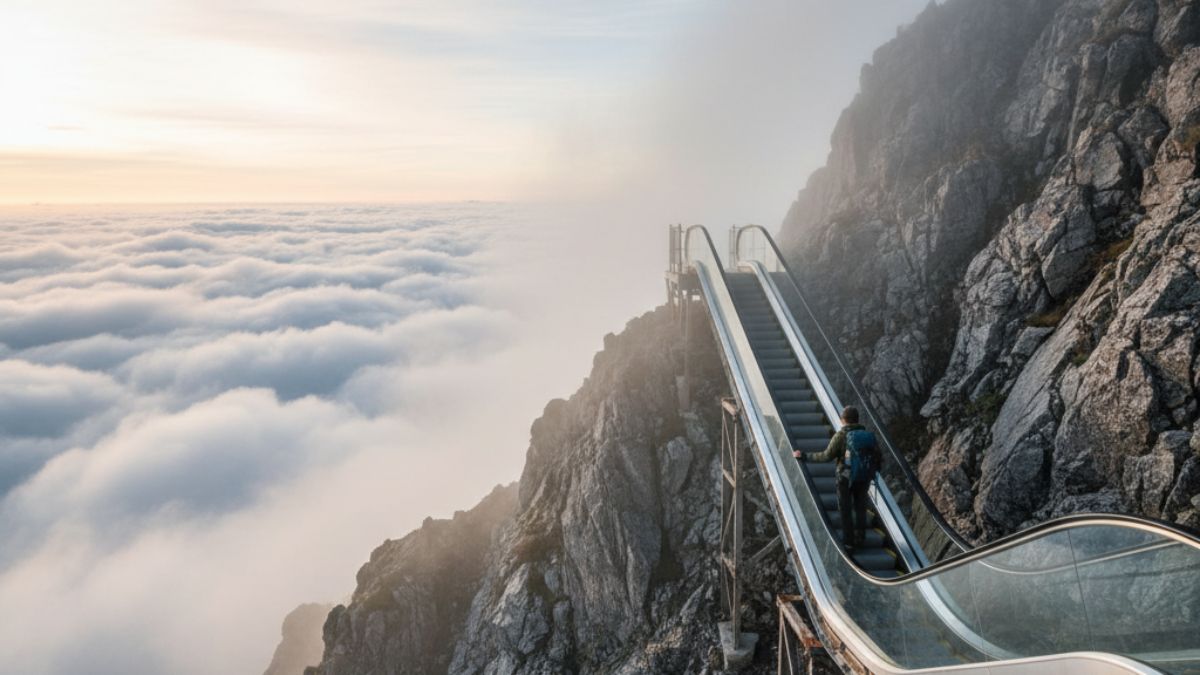 Visitantes sobem a montanha de Lingshan pela recém-inaugurada 'Escada para as Nuvens', na província de Jiangxi, estrutura com 1.236 metros de extensão que permite chegar ao topo em apenas 10 minutos