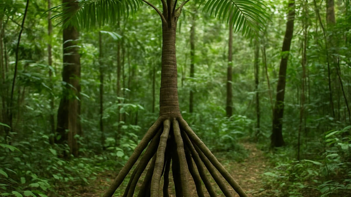 A árvore que anda pela Amazônia possui raízes para todos os lados e de todos os tamanhos