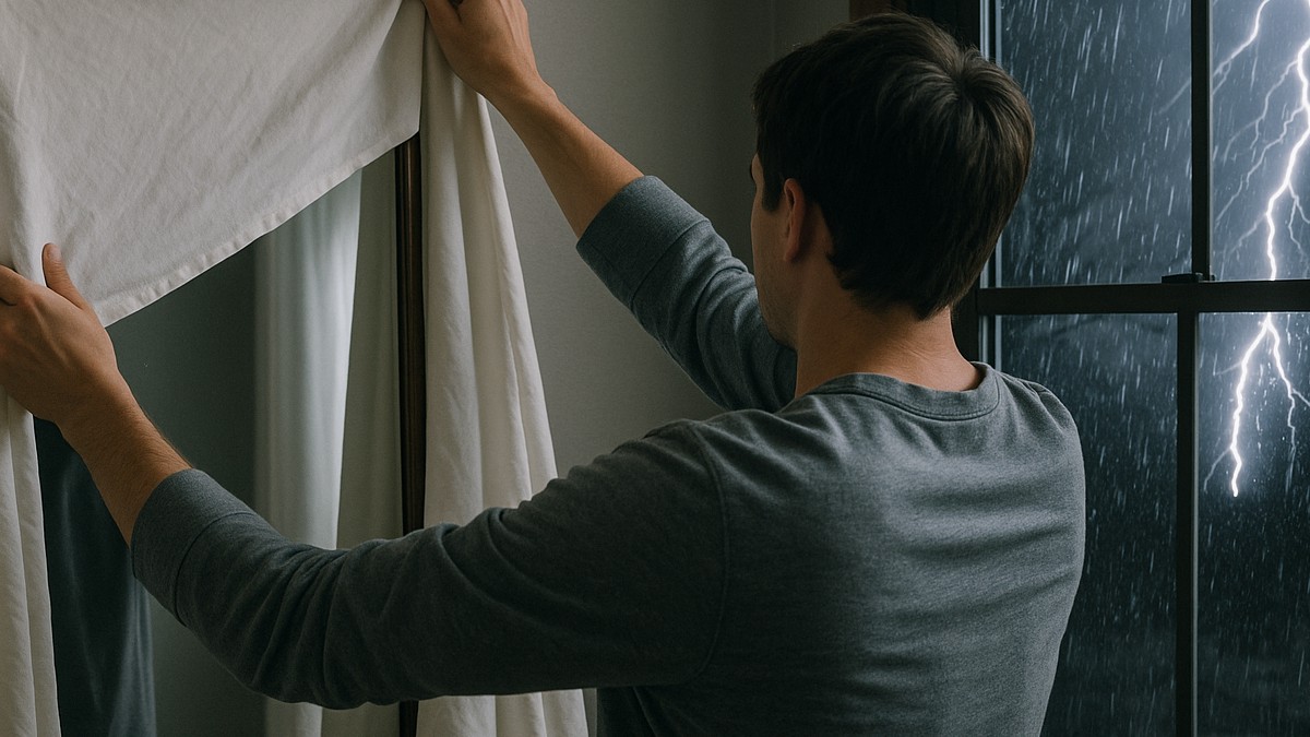 Mulher cobre espelho durante tempestade com raios