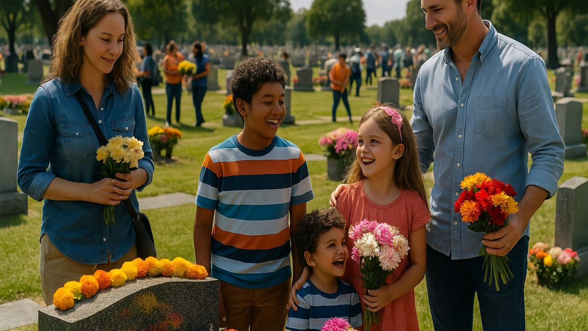 Familiares se reúnem no túmulo de ente querido e relembram momentos felizes