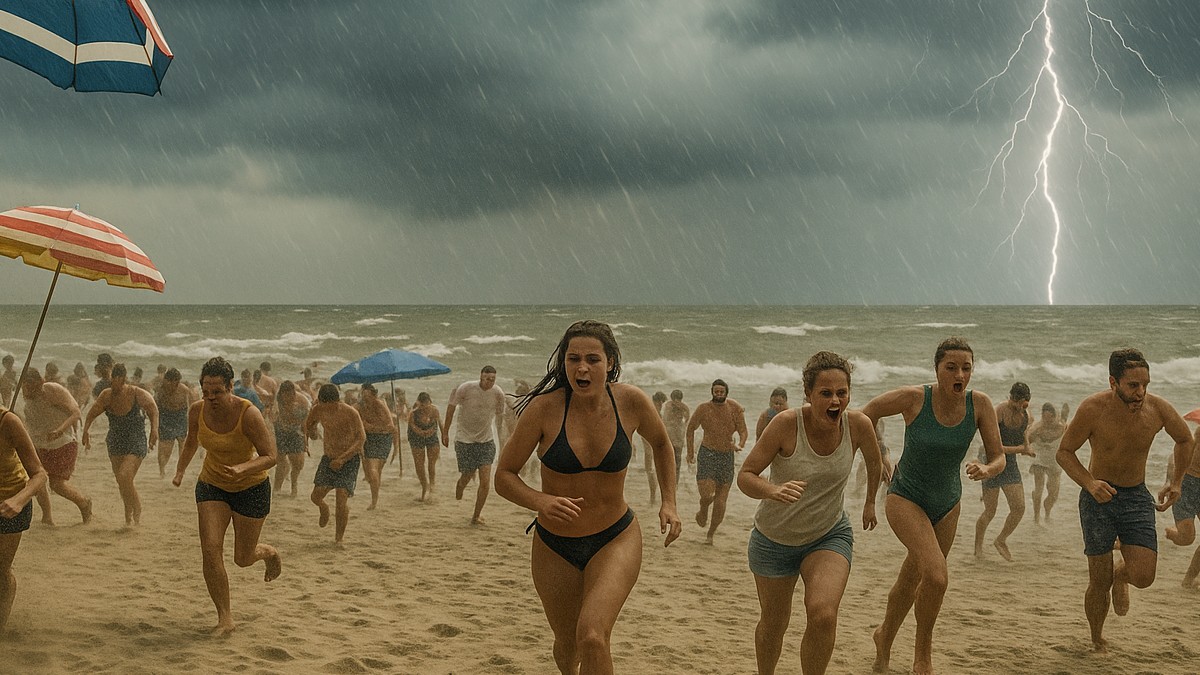 Pessoas correm para deixar praia no litoral em chegada de frente fria / Foto ilustrativa