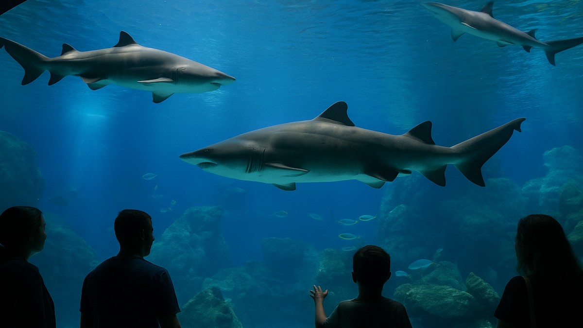 O tanque dos tubarões encanta crianças e adultos