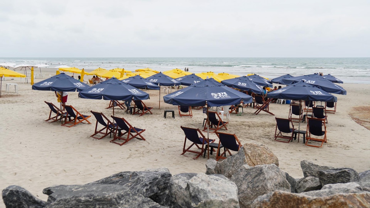 Espaço oferece espreguiçadeiras sob guarda-sóis personalizados, criando uma atmosfera mais confortável e elegante