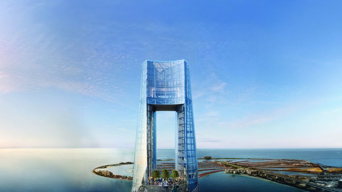 O recorte no topo, conhecido como "olho da agulha", ajuda a moldar o vento e dá ao Ciel Dubai Marina